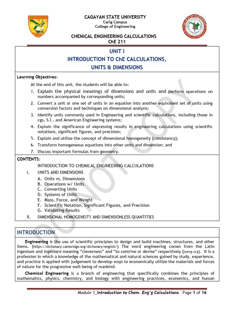 Module 1 - UNIT 1 - Intro To ChE Calculations | PDF | Weight ...