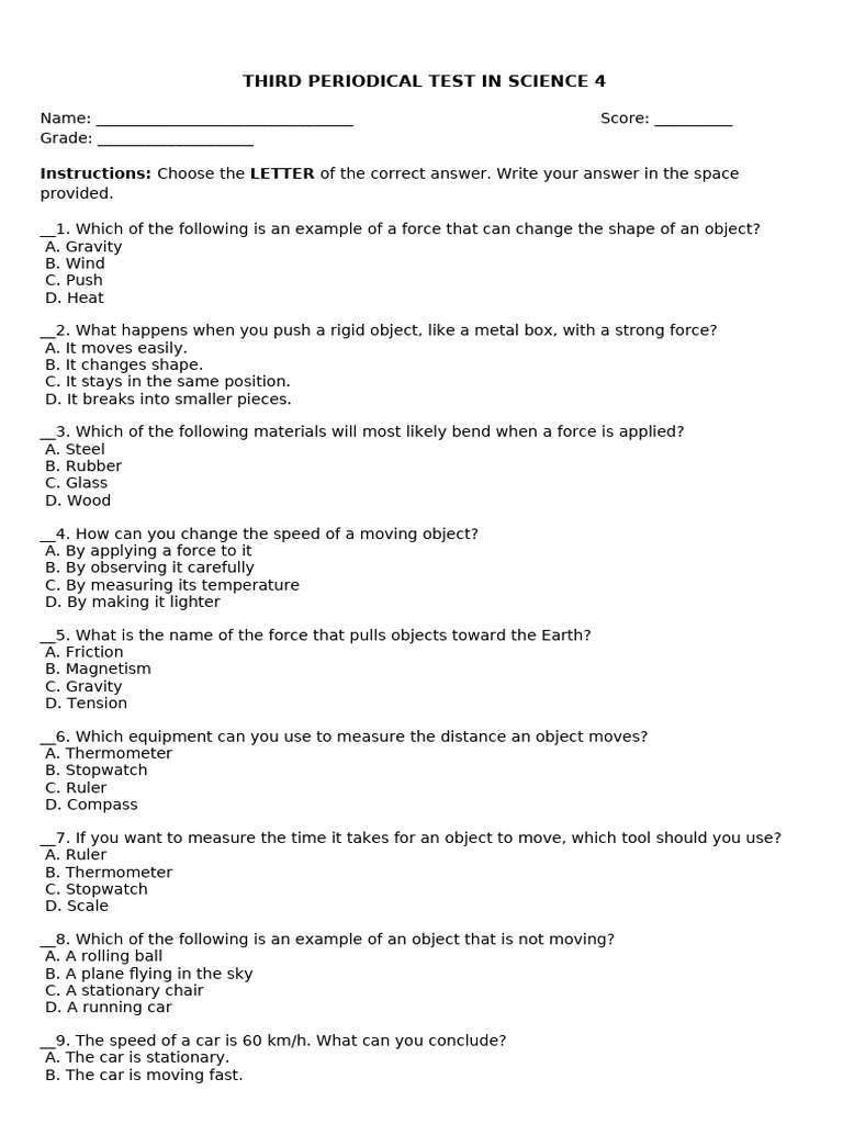 Science 4 Periodical Test Questions | PDF | Force | Friction