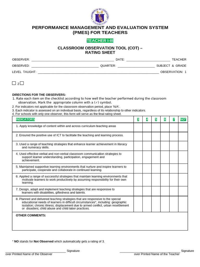 Copy of Annex C 3 - COT Rating Sheet For Proficient Teacher For SY 2024 ...