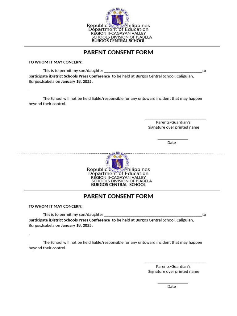 Parent Consent Form for Press Conference | PDF