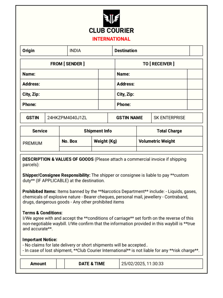 International Courier Waybill Template | PDF