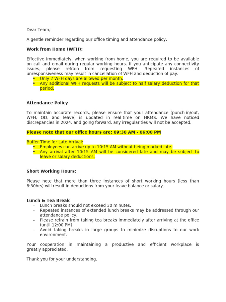 Office Attendance and WFH Policy Update | PDF
