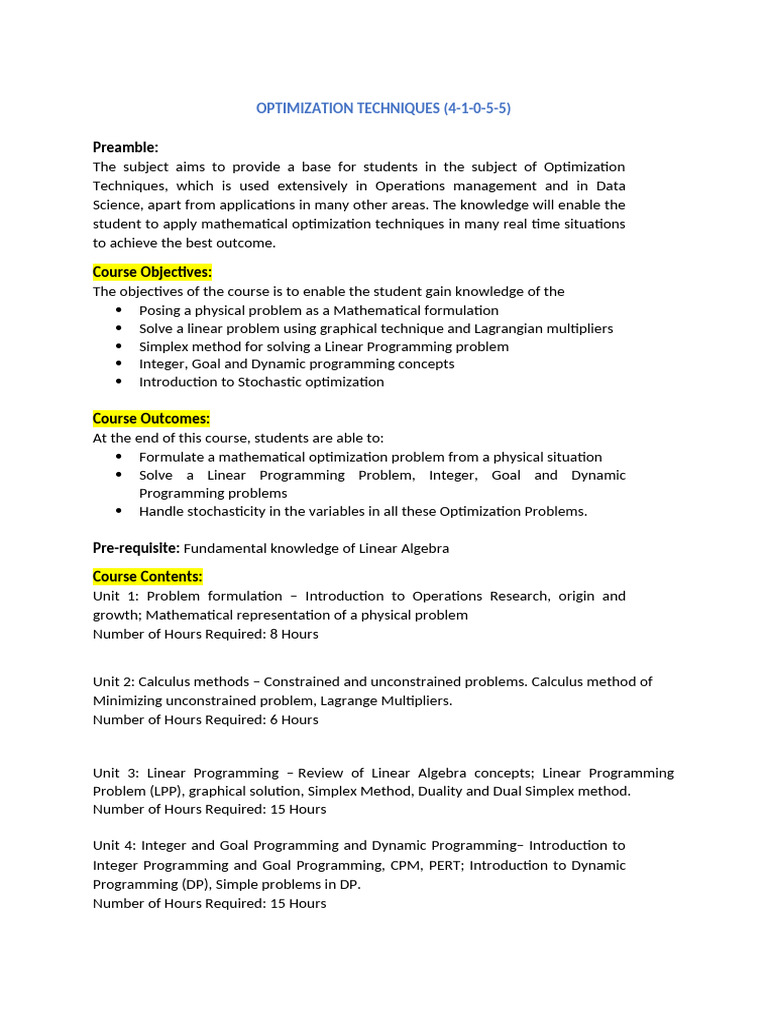 Optimization Techniques Course Overview | PDF | Mathematical ...