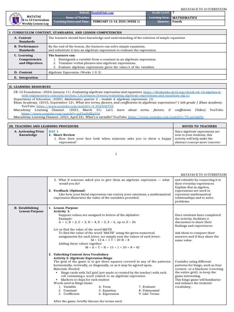 Grade 7 Algebraic Expressions Lesson Plan | PDF | Polynomial | Variable ...