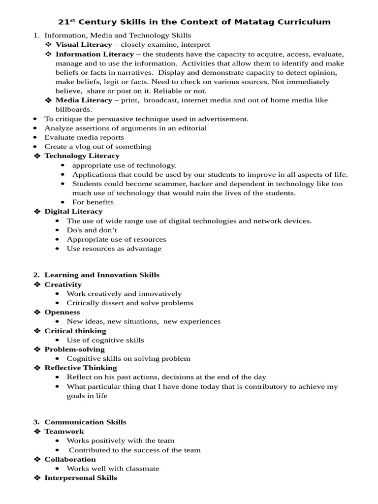 21st Century Skills in Matatag Curriculum | PDF | Communication | Literacy
