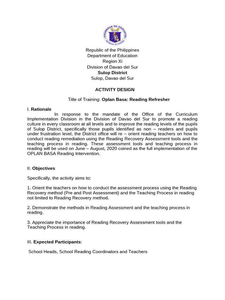 Oplan Basa Reading Refresher Training | PDF | Teachers | Human ...
