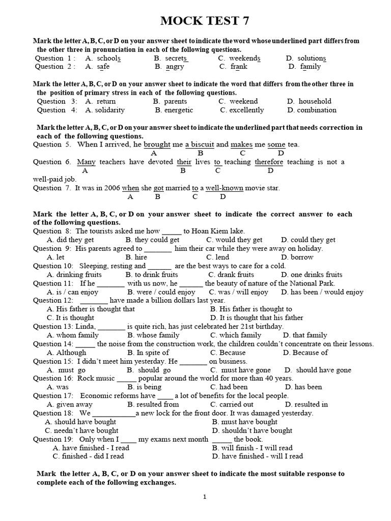 English Mock Test 7: Pronunciation & Grammar | PDF | Academic Term | Water
