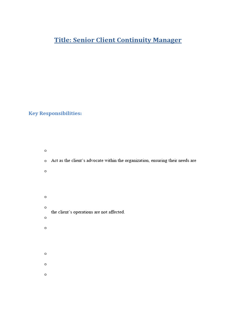 Senior Client Continuity Manager Role | PDF | Leadership | Service ...