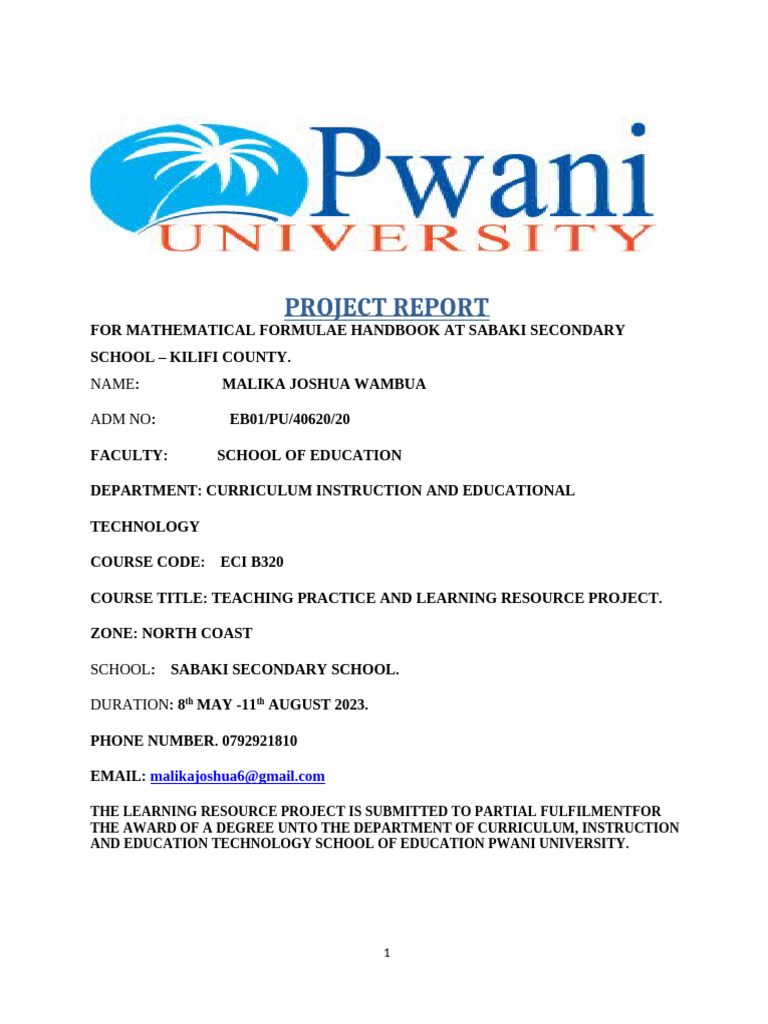 0 - Malika Joshua Wambua T.P Final Report | PDF | Mathematics | Algebra