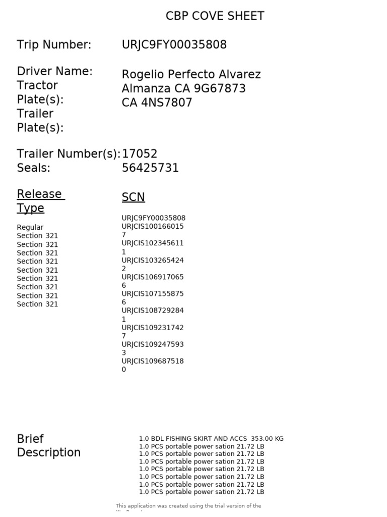CBP Cove Sheet for Trip URJC9FY00035808 | PDF