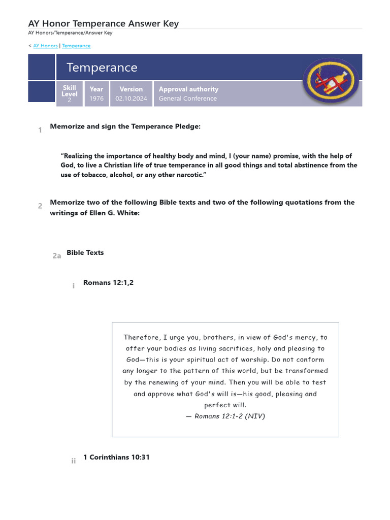 Temperance Honor Answer Key | PDF