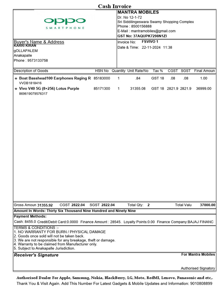 Cash Invoice for Mobile Purchase | PDF