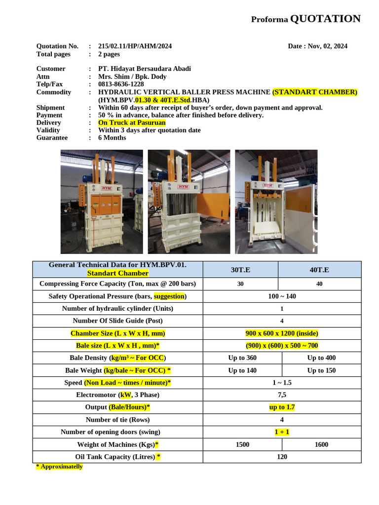 Proforma Quotation for Hydraulic Baler Machine | PDF | Mechanical ...