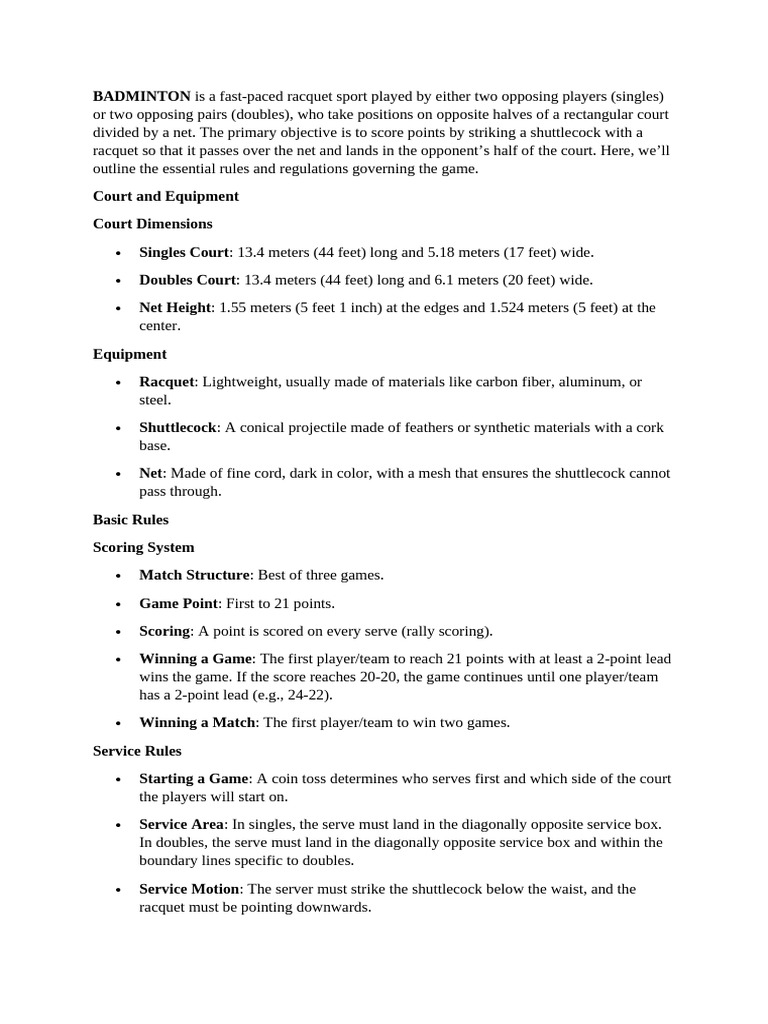Badminton Rules and Regulations Guide | PDF | Sports
