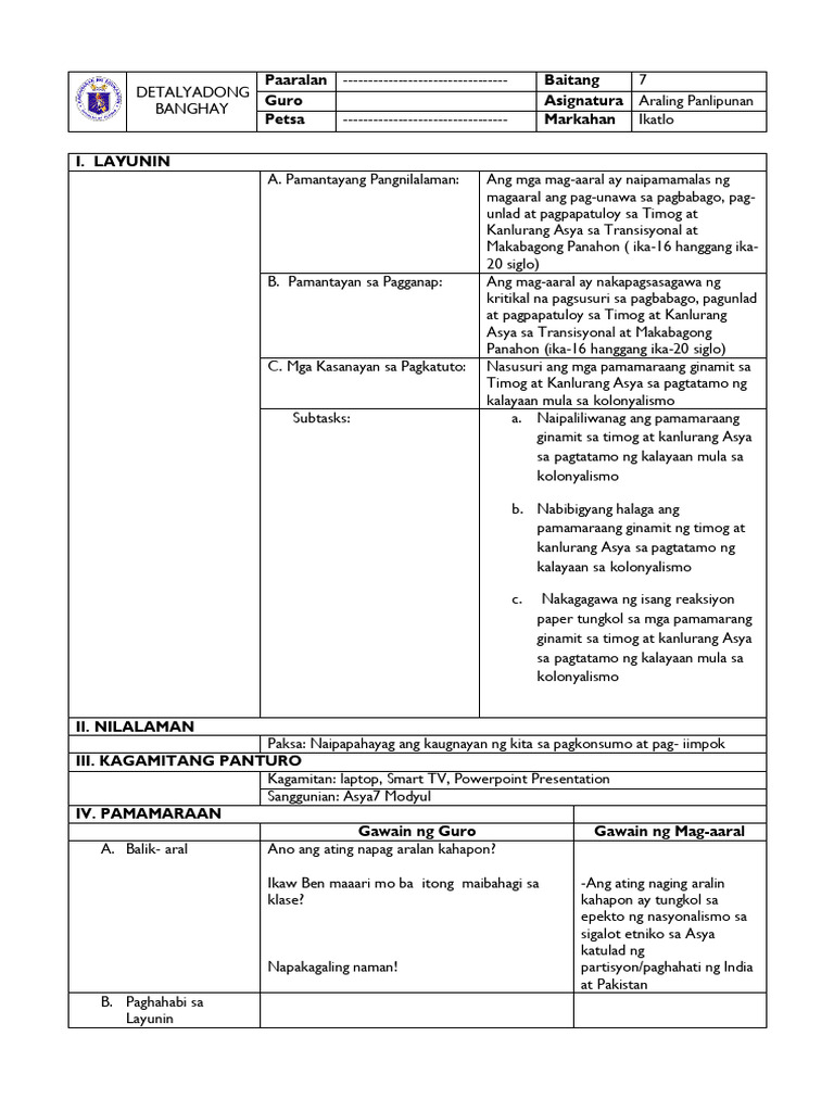 Lesson Plan Grade 7 Kolonyalismo | PDF
