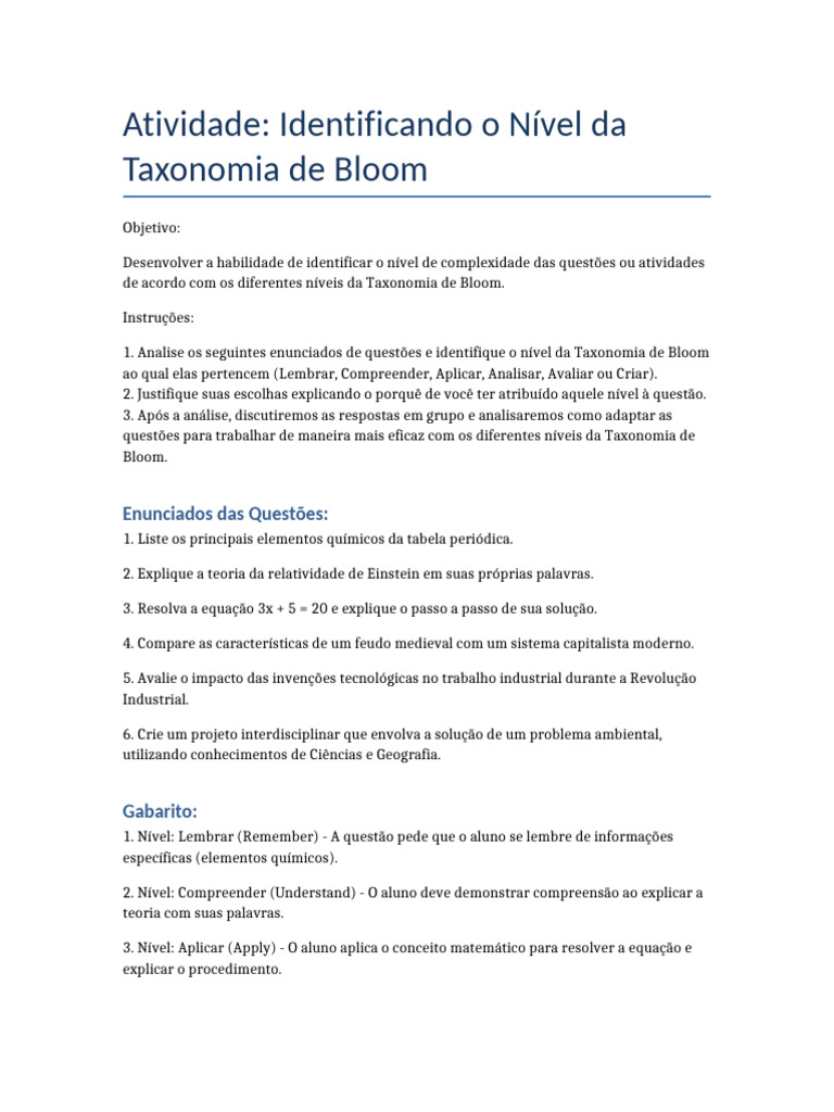 Níveis da Taxonomia de Bloom | PDF