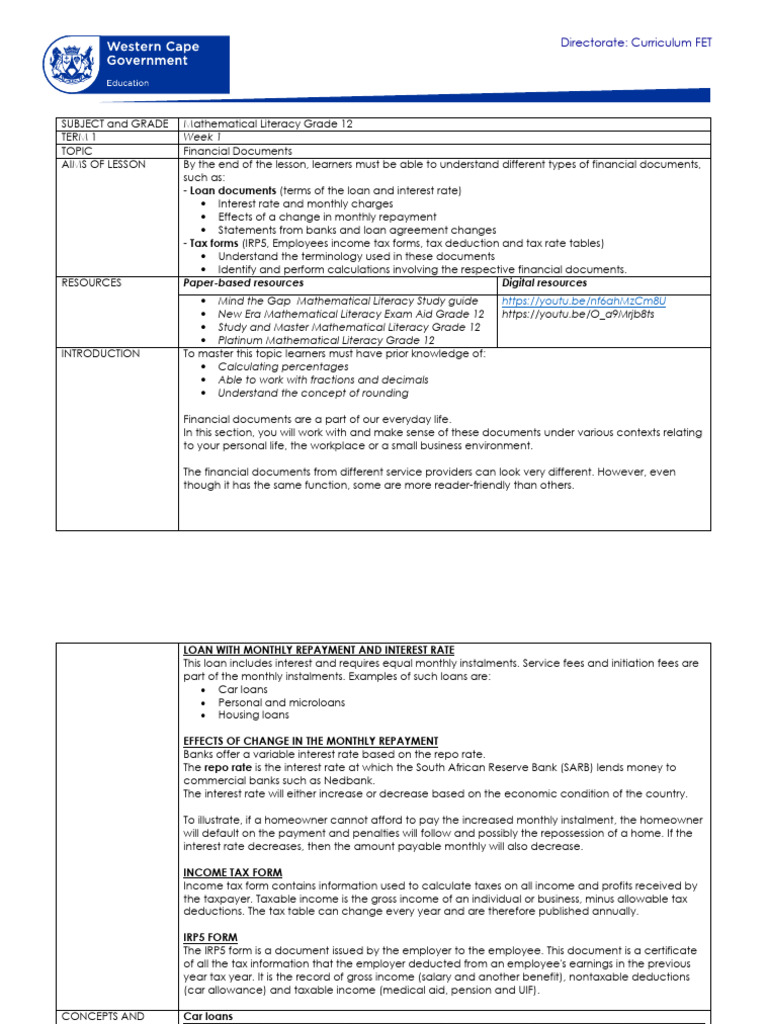 Understanding Financial Documents in Grade 12 | PDF | Taxes | Loans