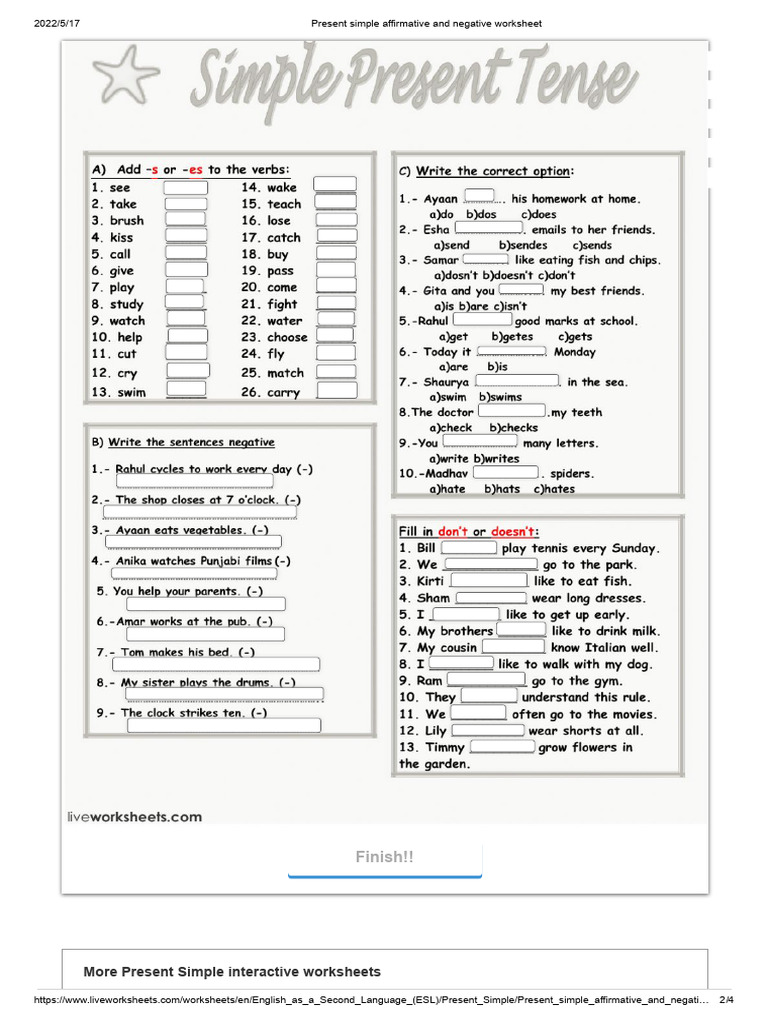 Present Simple Affirmative & Negative Worksheet | PDF