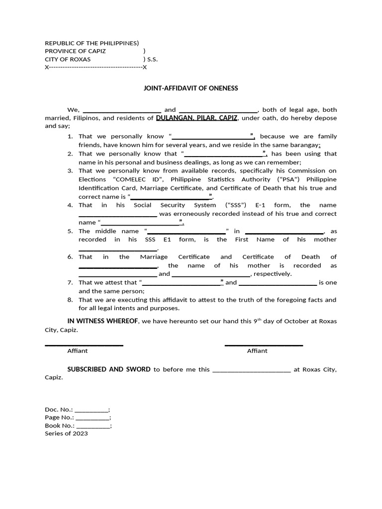 Joint Affidavit of Oneness Sample | PDF