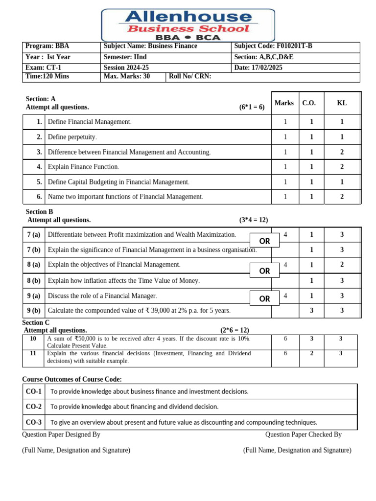 BBA Business Finance CT-1 Exam Paper | PDF | Present Value | Private Sector