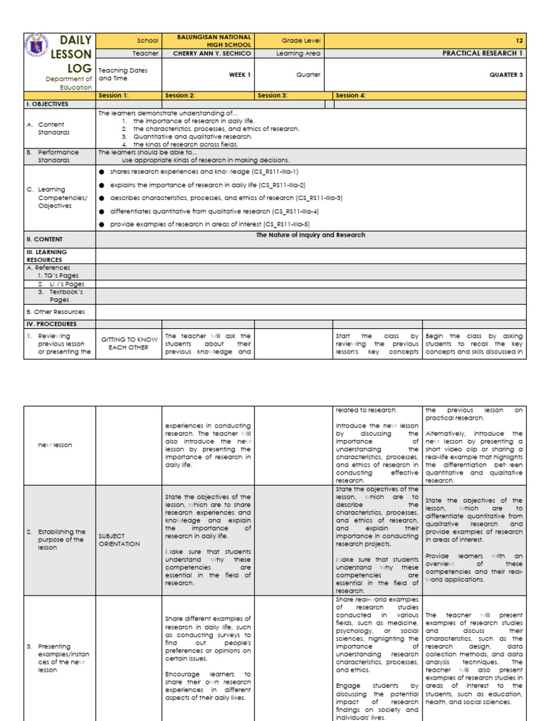 Practical Research 1 Lesson Plan | PDF | Qualitative Research ...