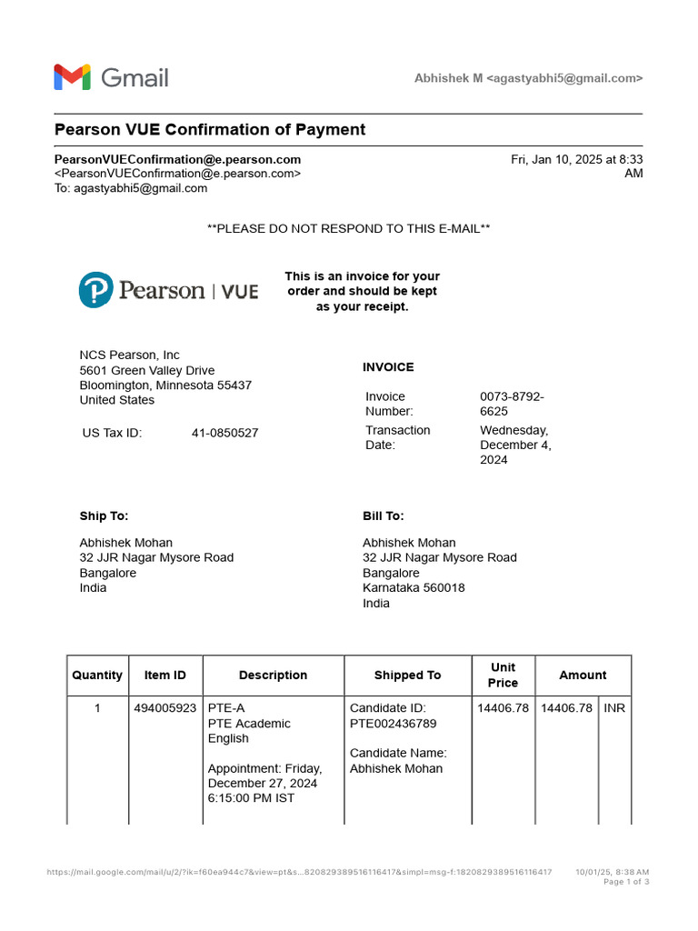 Pearson VUE Payment Confirmation Invoice | PDF | Value Added Tax | Taxes