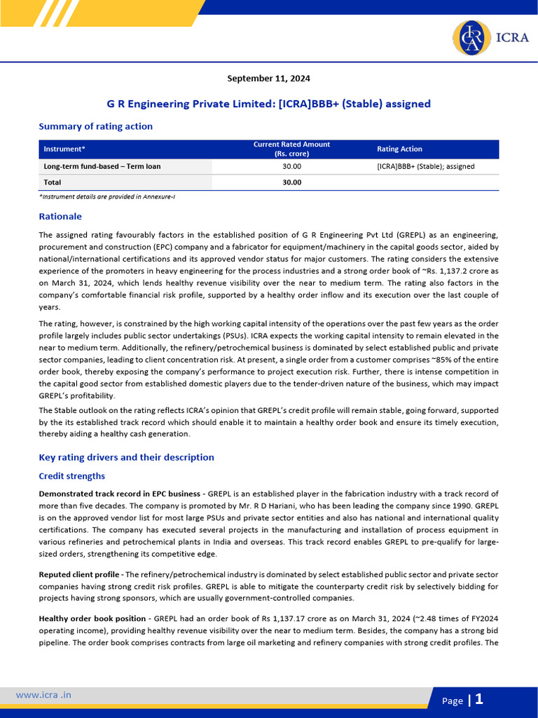 G R Engineering Assigned ICRA BBB+ Rating | PDF | Market Liquidity ...