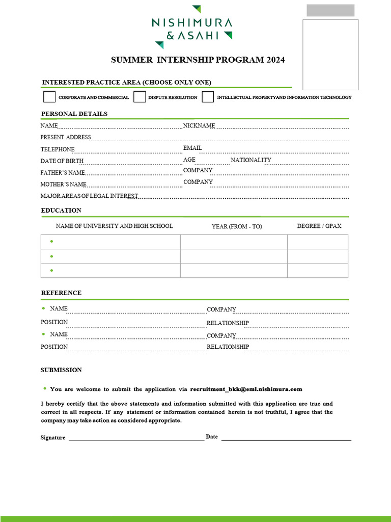 Nishimura & Asahi Internship Application | PDF