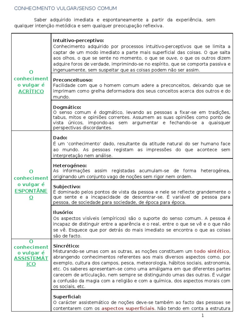 Conhecimento Vulgar e Senso Comum | PDF | Experimento | Science