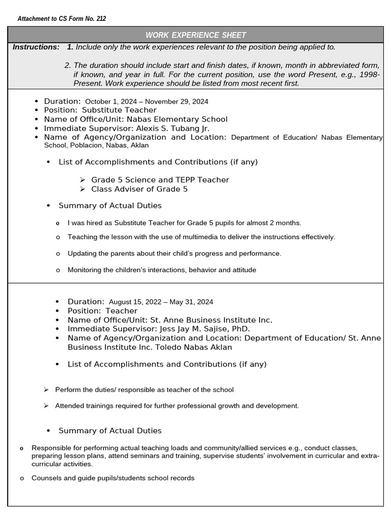 Work Experience Sheet for Teachers | PDF | Teachers | Curriculum