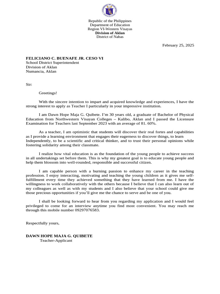Teacher Application: Dawn Quibete | PDF