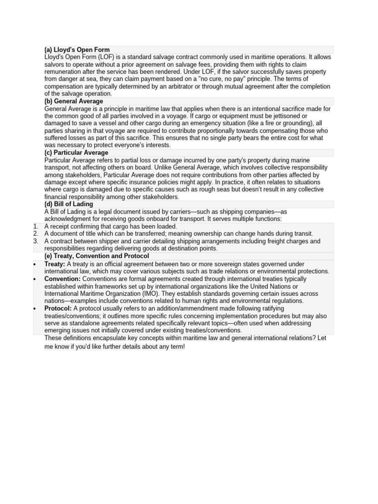 Lioyds Open Form, General Avregae, Particular Average, Bill of Lading ...