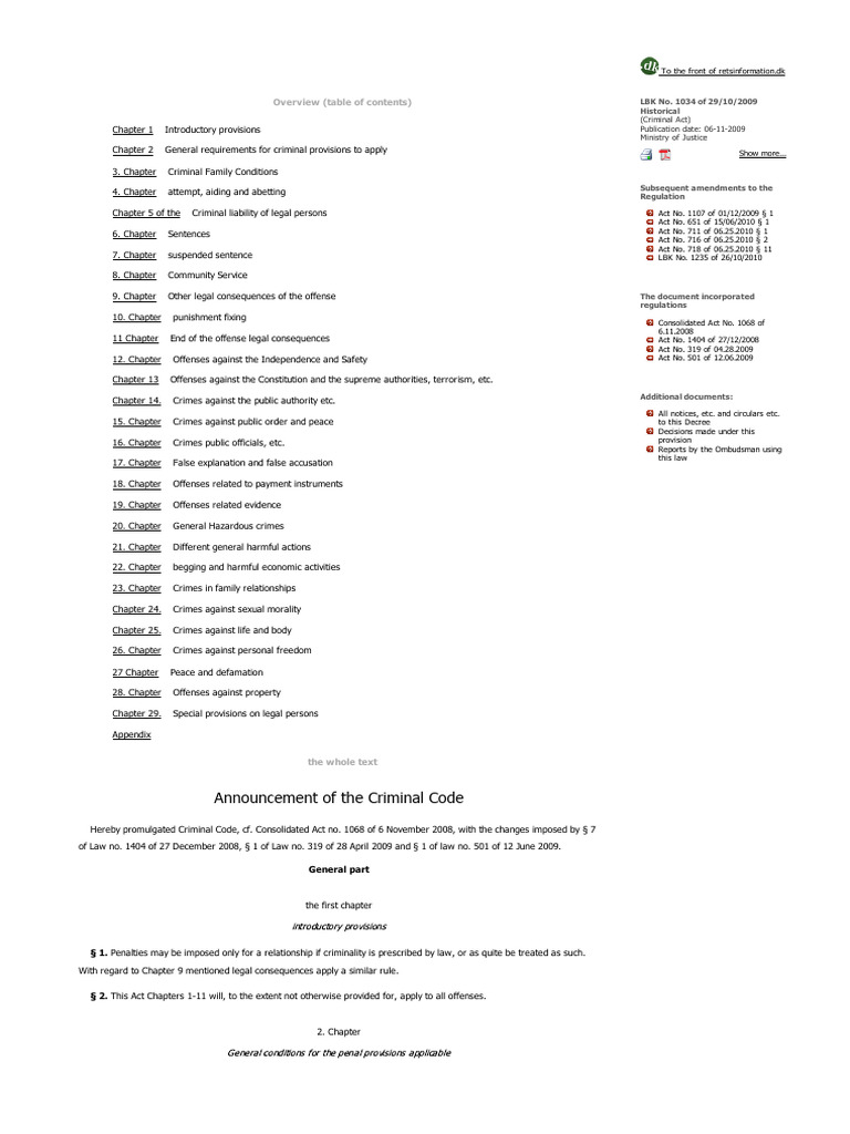 Danish Criminal Code Overview | PDF | Probation | Crimes