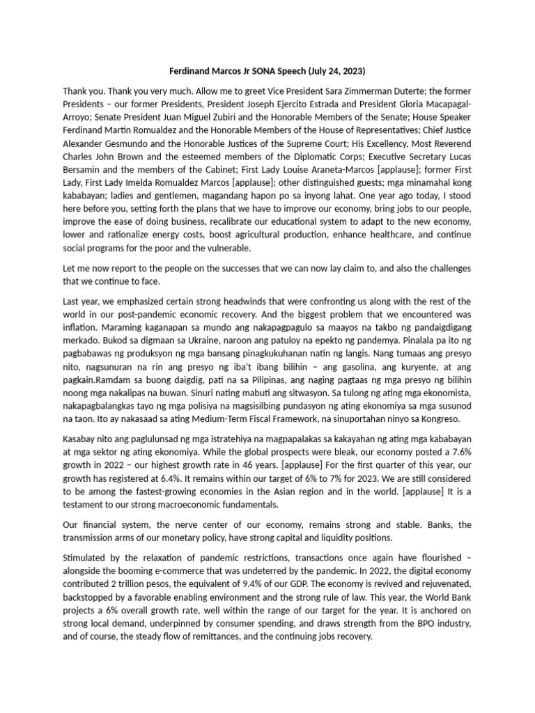 Ferdinand Marcos Jr SONA Speech | PDF | Renewable Energy | Electrical Grid