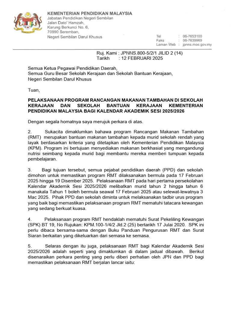 Pelaksanaan RMT Sekolah 2025/2026 | PDF
