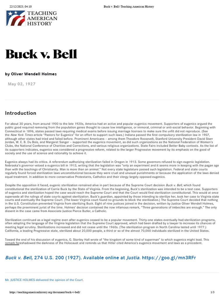 Buck v. Bell: Eugenics and Sterilization | PDF | Justice | Crime & Violence