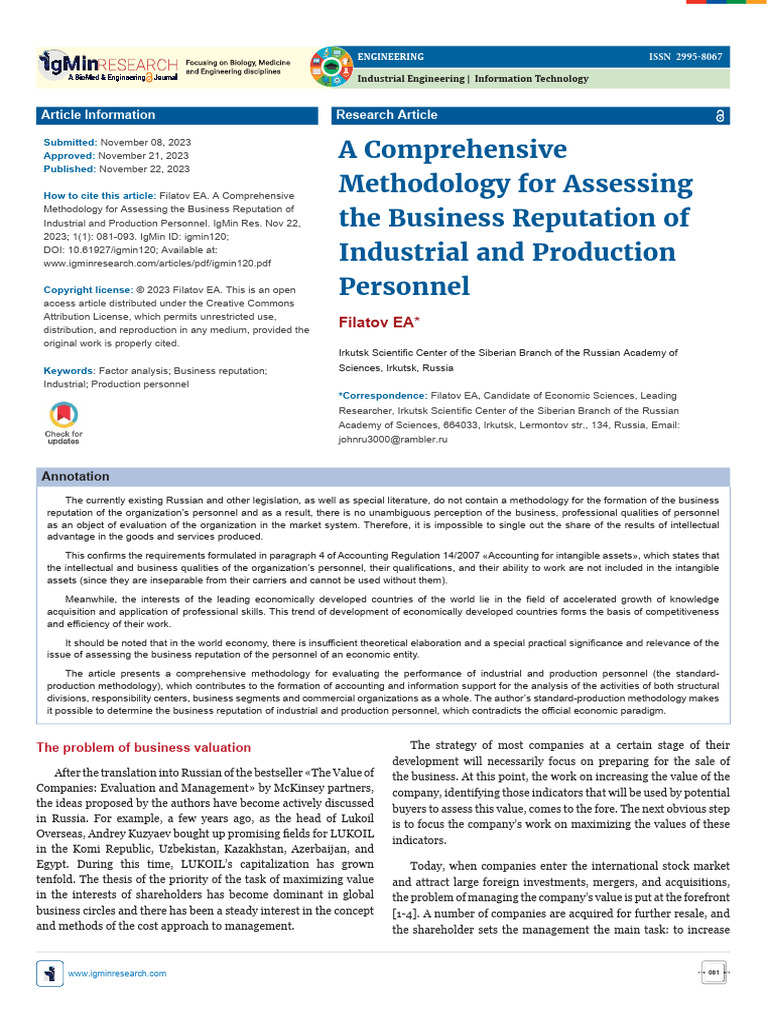 A Comprehensive Methodology For Assessing The Business Reputation of ...