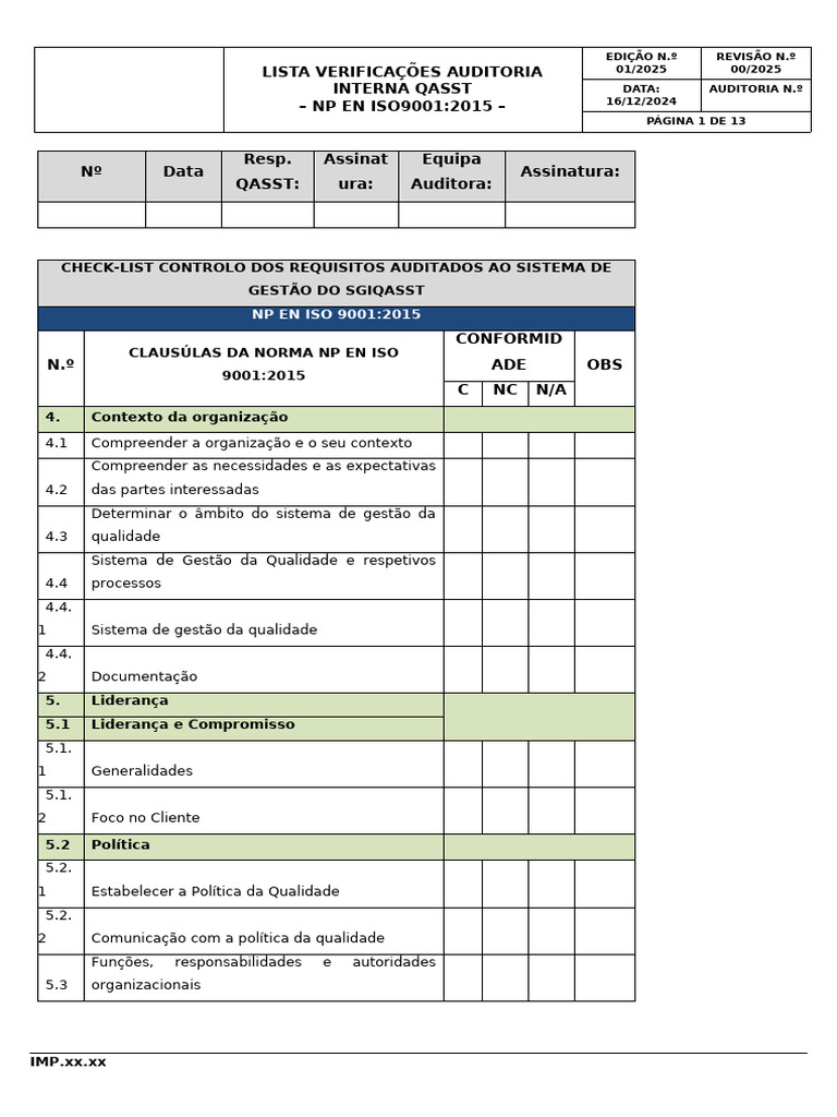 Checklist Auditoria Interna ISO 9001:2015 | PDF | Qualidade (negócios ...