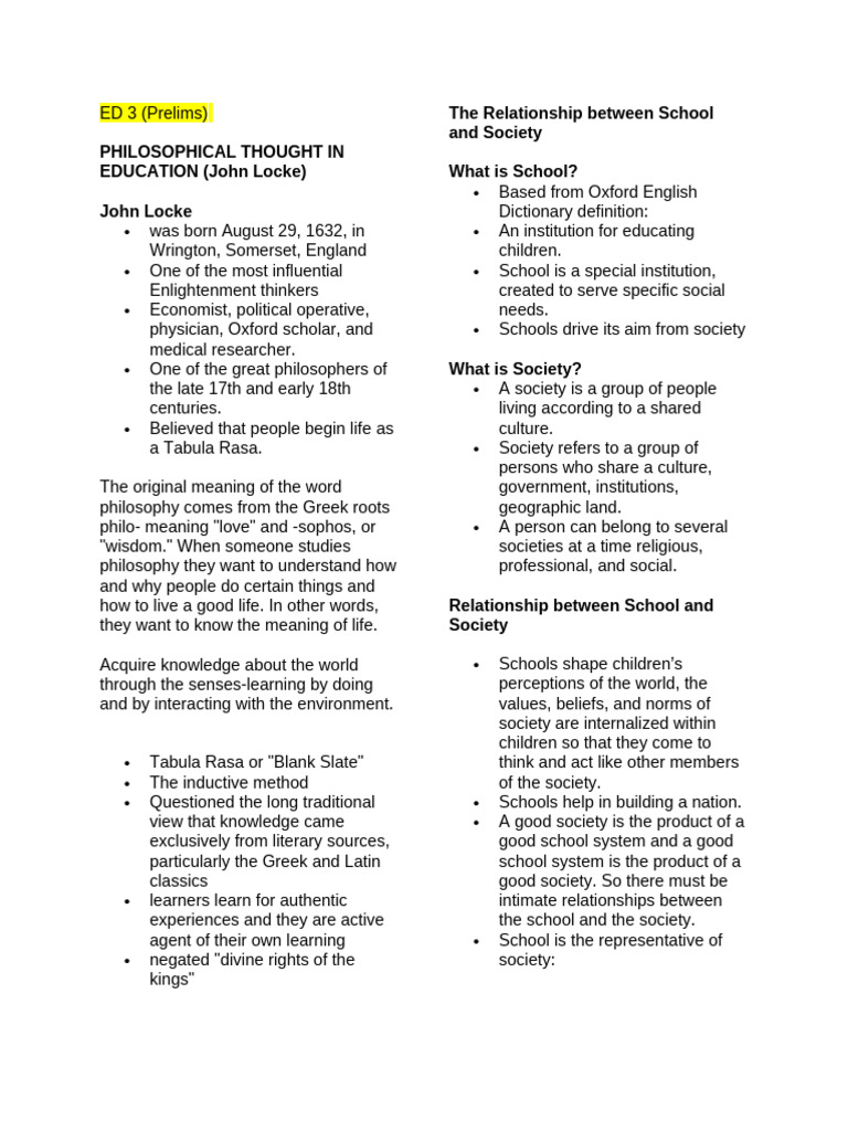 ED 3 (Prelims) | PDF | John Dewey | Schools