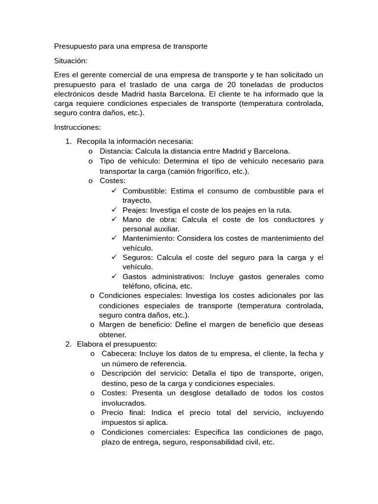 Presupuesto para Una Empresa de Transporte | PDF | Presupuesto | Transporte