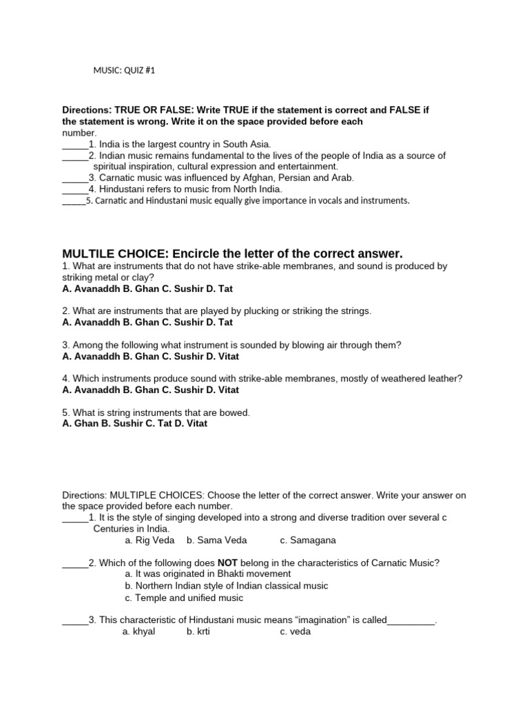 Indian Music Quiz: True/False & MCQs | PDF