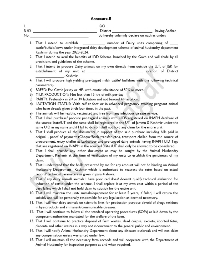 Dairy Unit Declaration for IDD Scheme | PDF | Dairy Cattle | Cattle