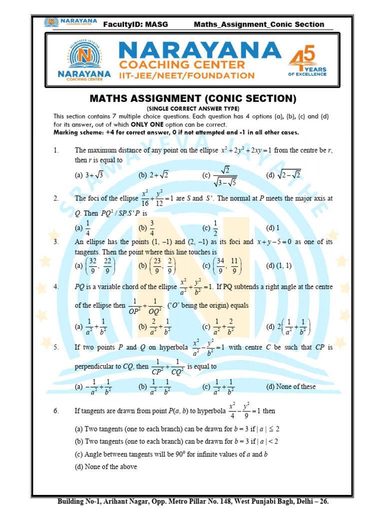 Maths Assignment on Conic Sections | PDF | Ellipse | Perpendicular
