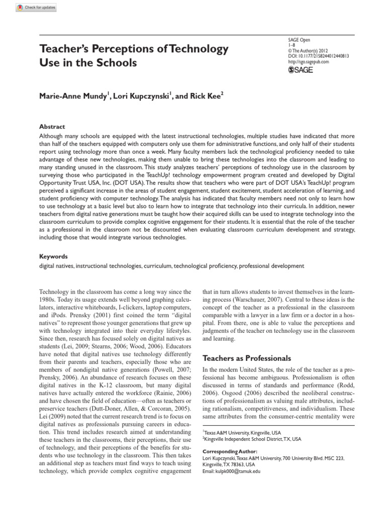Mundy Et Al 2012 Teacher S Perceptions of Technology Use in The Schools ...