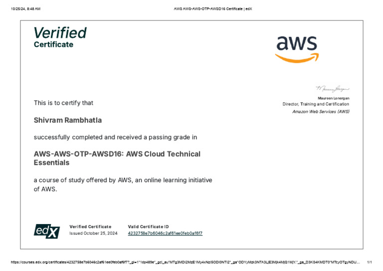 AWS Cloud Technical Essentials Certificate | PDF