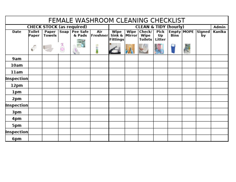Female Washroom Cleaning Checklist | PDF
