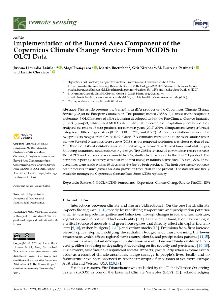 Burned Area Data: MODIS to OLCI Transition | PDF | Climate | Earth Sciences
