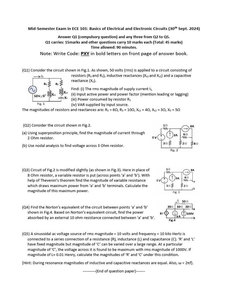 ECE 101 Mid-Semester Exam Questions | PDF | Resistor | Electrical Network