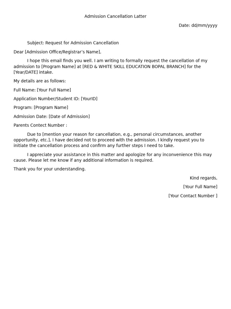 Admission Cancellation Request Letter | PDF