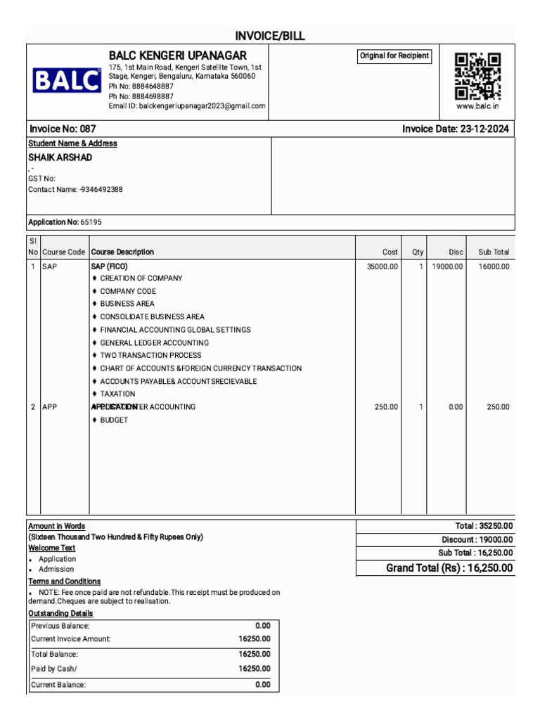 Invoice for SAP Course Payment | PDF | Invoice | Accounts Payable